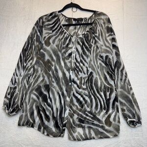 Edit Jeanne Beker Blouse Womens Size 4 Animal Print Sheer Button Down Oversized